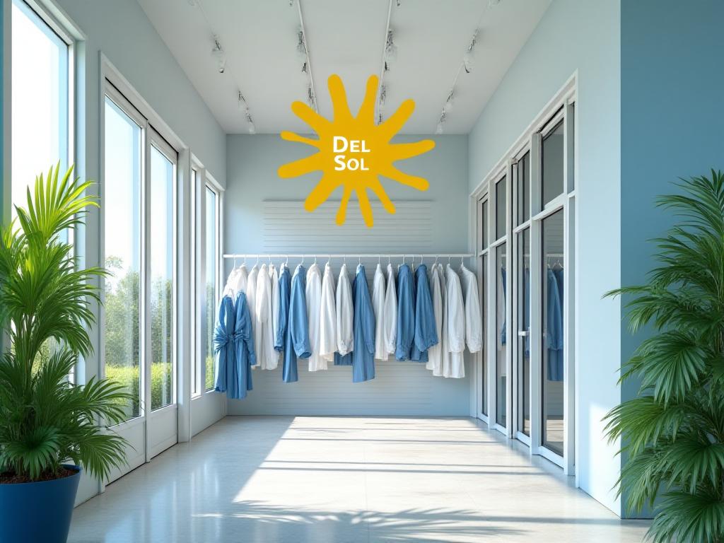 Bright and airy dry cleaning storefront in Miami with clean garments hanging