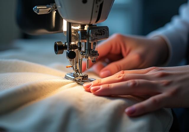 Close up of hands sewing a garment on a professional machine